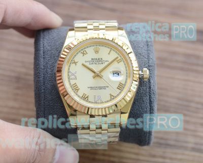 Copy Rolex Gold Datejust Roman Dial Jubilee Band Watch 40MM